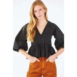 Hunter Bell Grayson V-Neck Peplum Blouson Sleeve Top Women's Black Size: M NWT